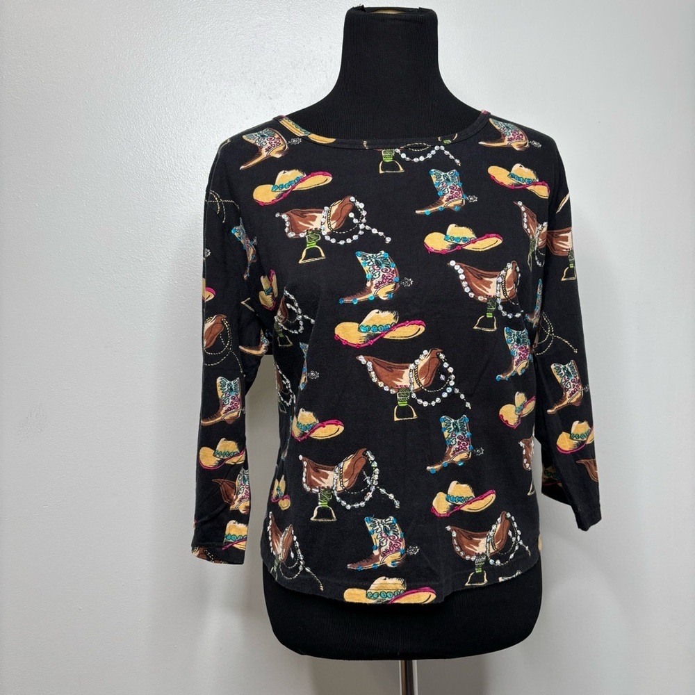 Vintage Y2K Western Rhinestone Cowgirl Graphic Top Black XL